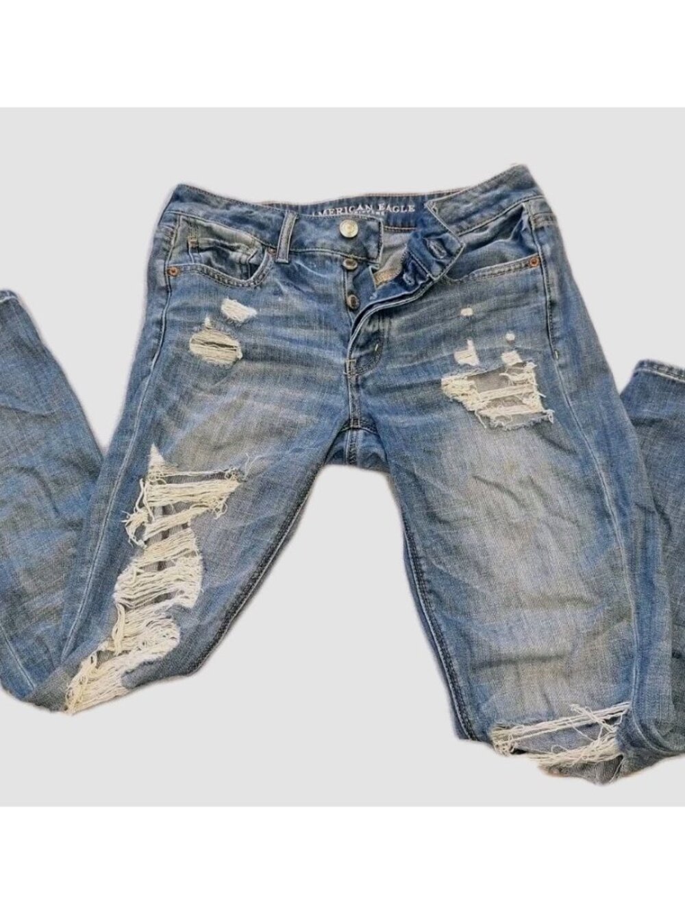 American Eagle Womens Size 4 Blue Tomgirl Jeans 26X30 Distressed Button Fly